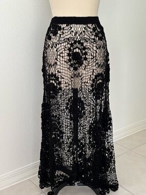 Lim’s 1990s Vintage Black Cotton Crochet MIDI Skirt NWT Hand Made in Shanghai OS